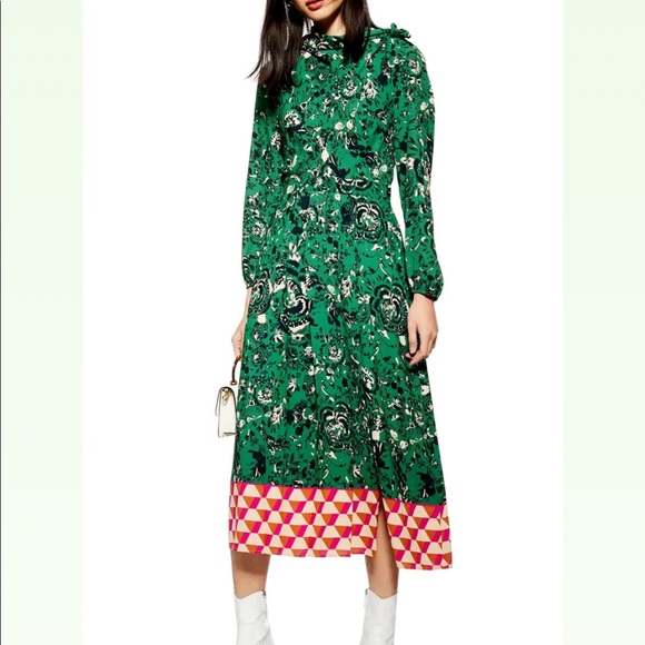 Topshop Geo Border Tie Neck Midi Dress 4 - Picture 2 of 4